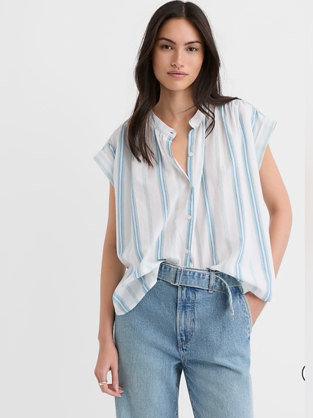 LOFT Striped Everyday Dolman Button-Front Cap Sleeve White/ Light Blue Stripes M